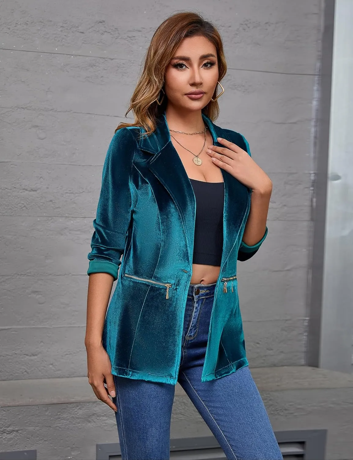 Genhoo Women's Long Sleeve Blazer Open Front Cardigan Jacket Work Office Blazer with Zipper Pockets S-3XL