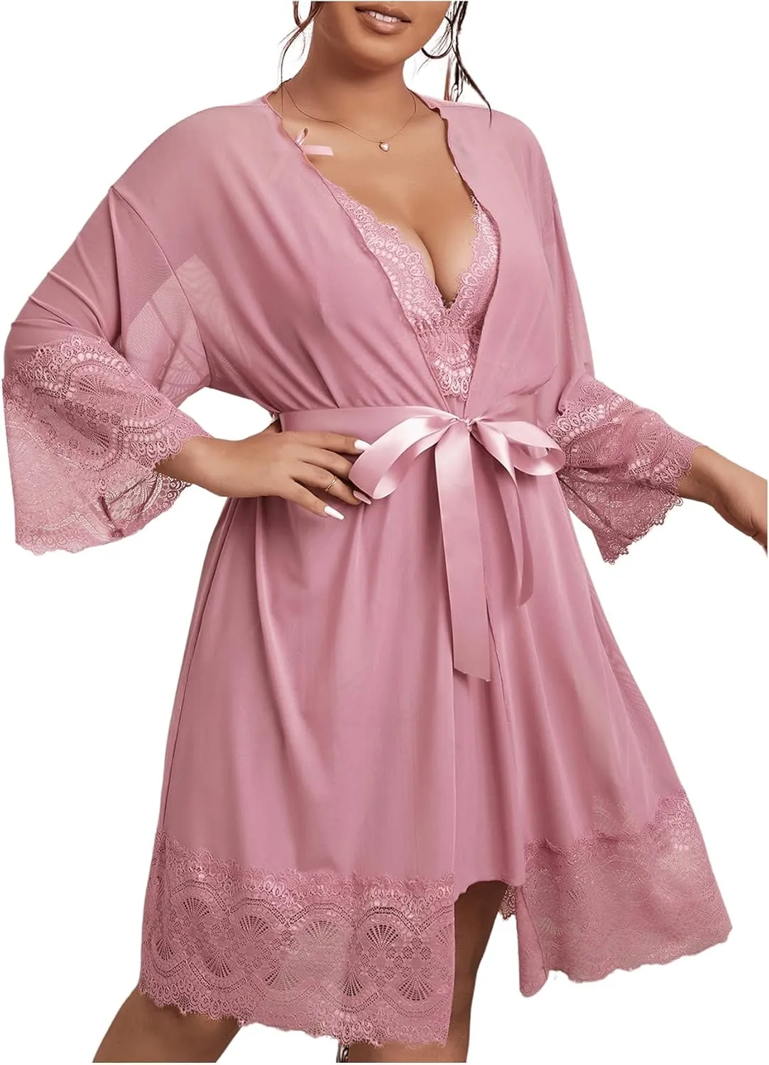GORGLITTER Women's Plus 2 Piece Robe Pajamas Set Lace Cami Nightgown and Robes Nightwear