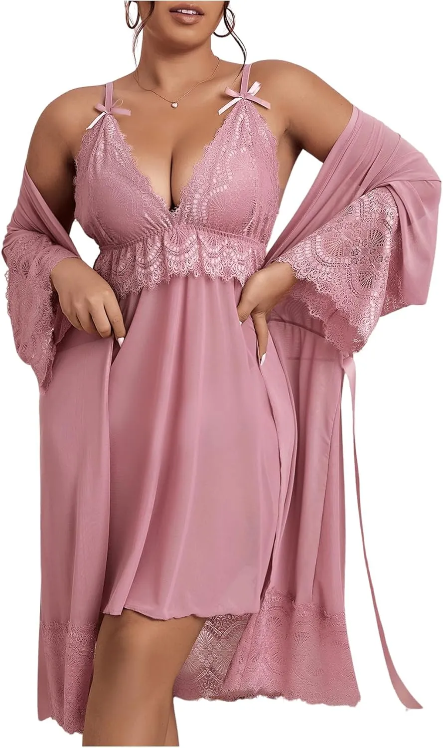 GORGLITTER Women's Plus 2 Piece Robe Pajamas Set Lace Cami Nightgown and Robes Nightwear