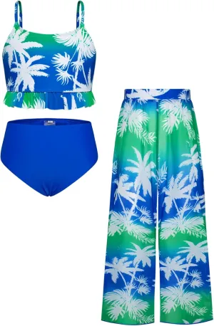 GRACE KARIN Girls Bikini Swimsuits 3 Piece Set Bathing Suit with Cover Up Pants Quick Dry Swimwear 5-12Y