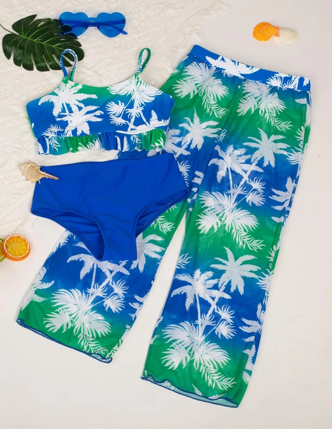 GRACE KARIN Girls Bikini Swimsuits 3 Piece Set Bathing Suit with Cover Up Pants Quick Dry Swimwear 5-12Y