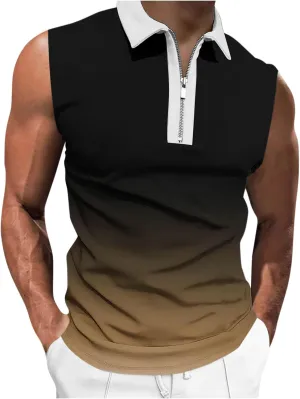 Gradient Zip Collared Tank Tops for Men Trendy Muscle Sleeveless T Shirts Summer Casual Golf Training Workout Gym Top