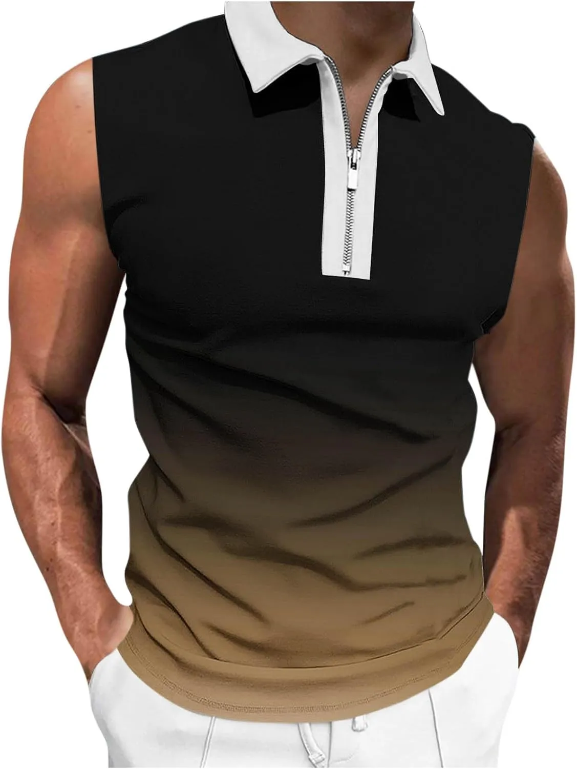 Gradient Zip Collared Tank Tops for Men Trendy Muscle Sleeveless T Shirts Summer Casual Golf Training Workout Gym Top