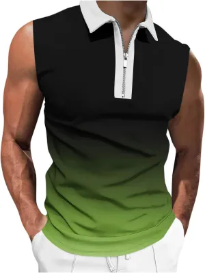 Gradient Zip Collared Tank Tops for Men Trendy Muscle Sleeveless T Shirts Summer Casual Golf Training Workout Gym Top