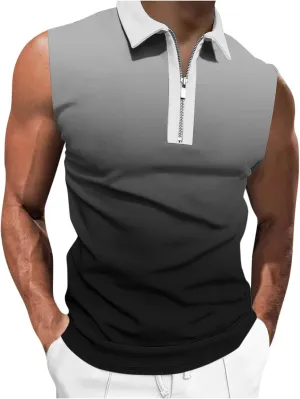 Gradient Zip Collared Tank Tops for Men Trendy Muscle Sleeveless T Shirts Summer Casual Golf Training Workout Gym Top