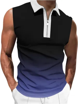 Gradient Zip Collared Tank Tops for Men Trendy Muscle Sleeveless T Shirts Summer Casual Golf Training Workout Gym Top