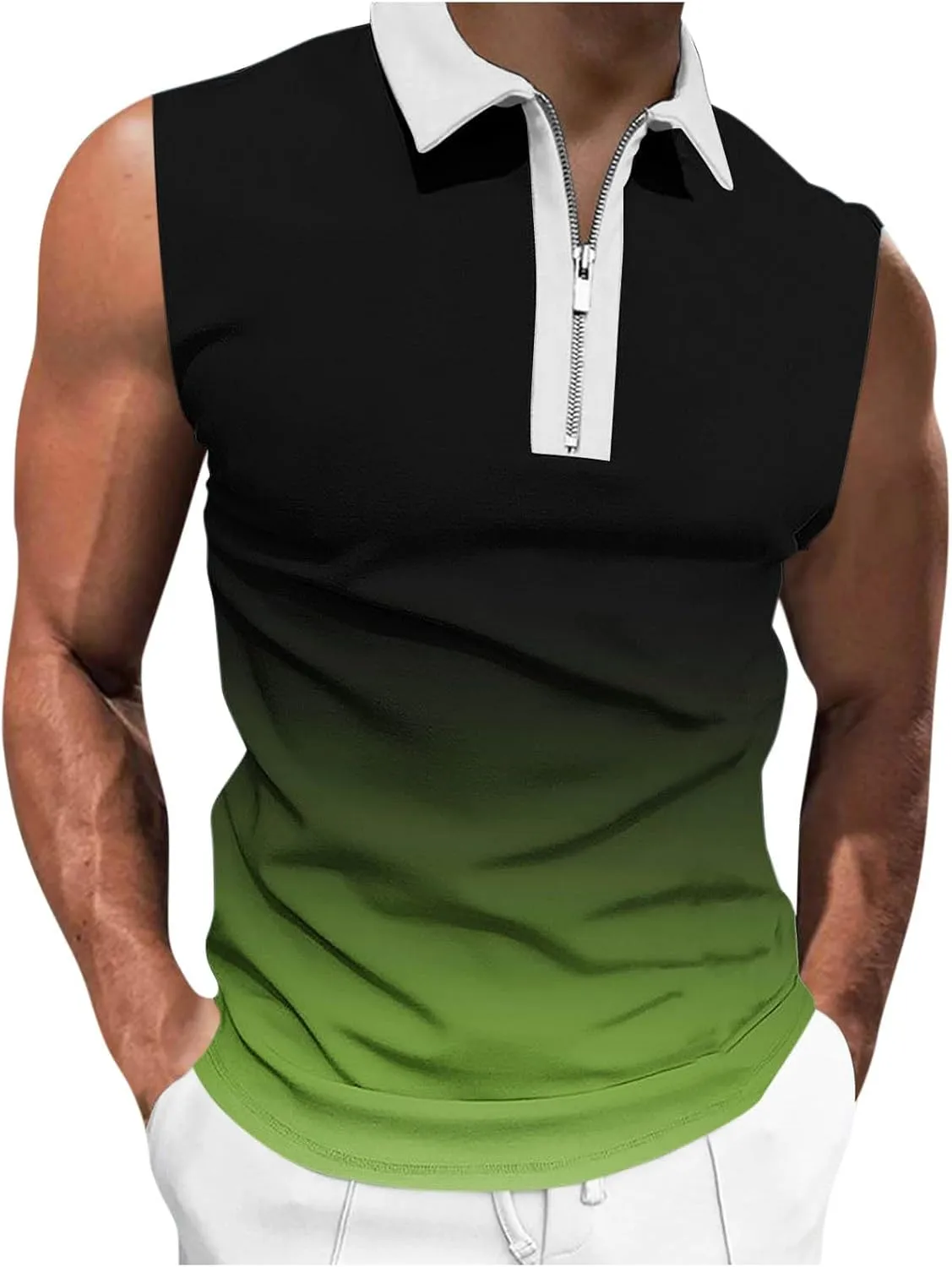 Gradient Zip Collared Tank Tops for Men Trendy Muscle Sleeveless T Shirts Summer Casual Golf Training Workout Gym Top