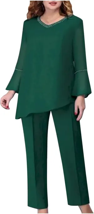 HGps8w Women's Elegant Chiffon Pantsuits 2 Pieces Mother of Bride Outfits Irregular Hem V Neck Blouses Wedding Guest Suits