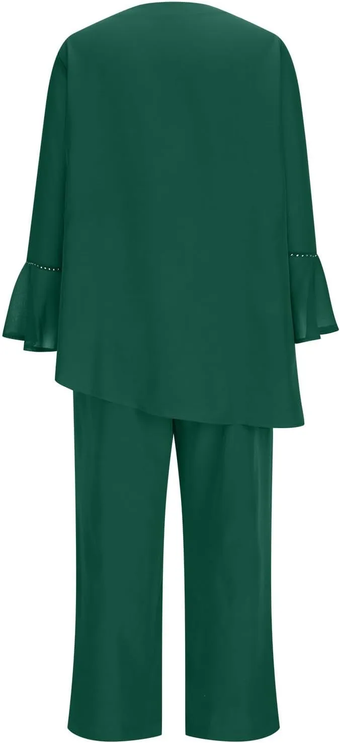 HGps8w Women's Elegant Chiffon Pantsuits 2 Pieces Mother of Bride Outfits Irregular Hem V Neck Blouses Wedding Guest Suits