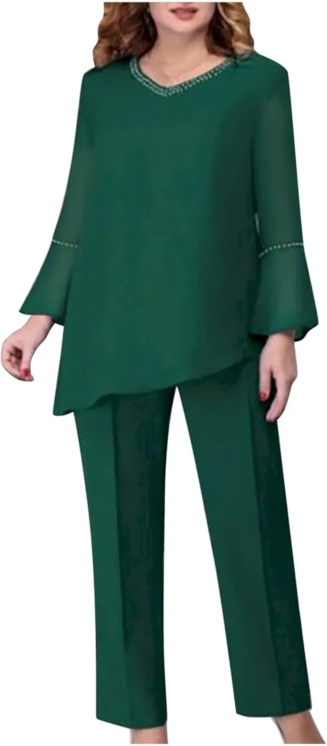 HGps8w Women's Elegant Chiffon Pantsuits 2 Pieces Mother of Bride Outfits Irregular Hem V Neck Blouses Wedding Guest Suits