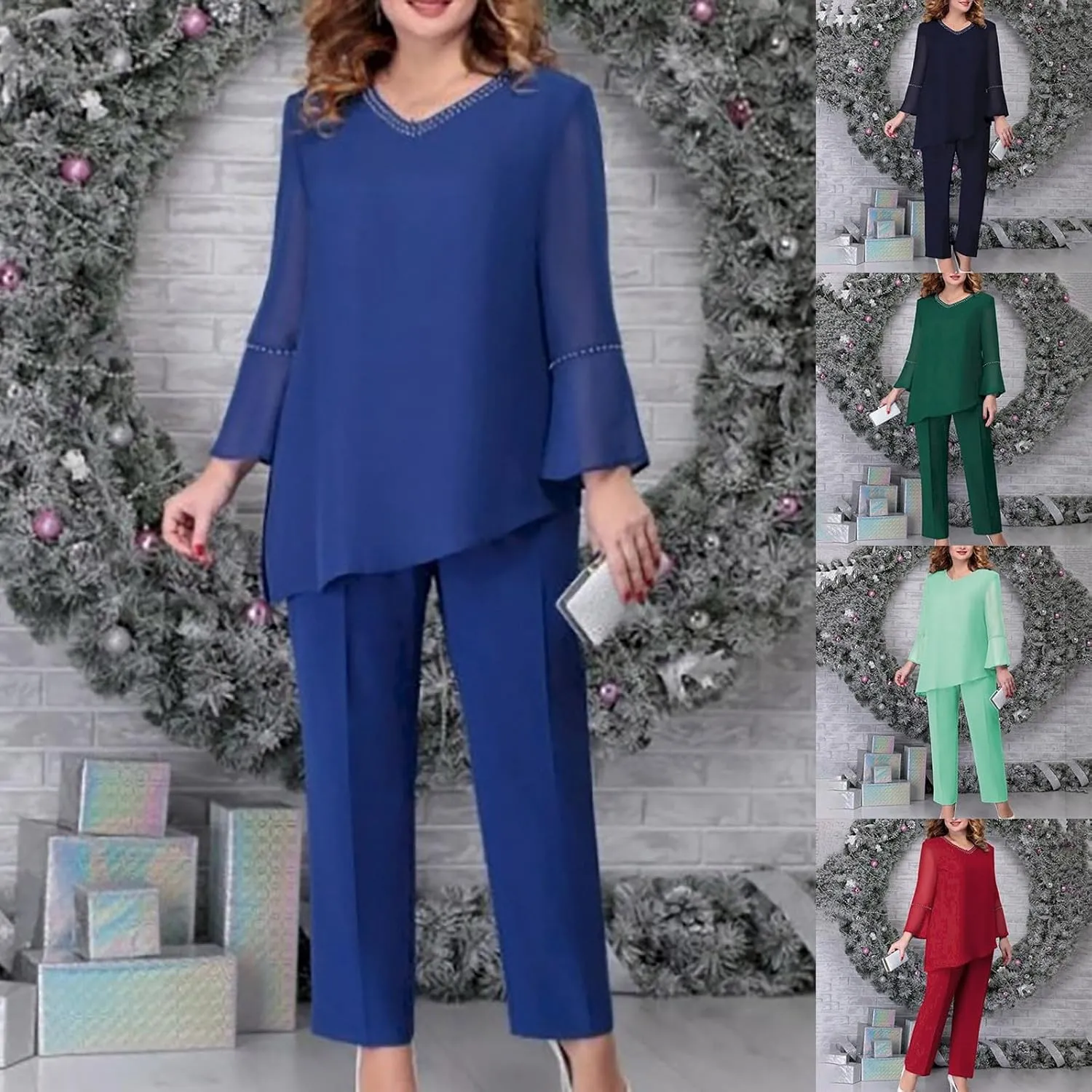 HGps8w Women's Elegant Chiffon Pantsuits 2 Pieces Mother of Bride Outfits Irregular Hem V Neck Blouses Wedding Guest Suits
