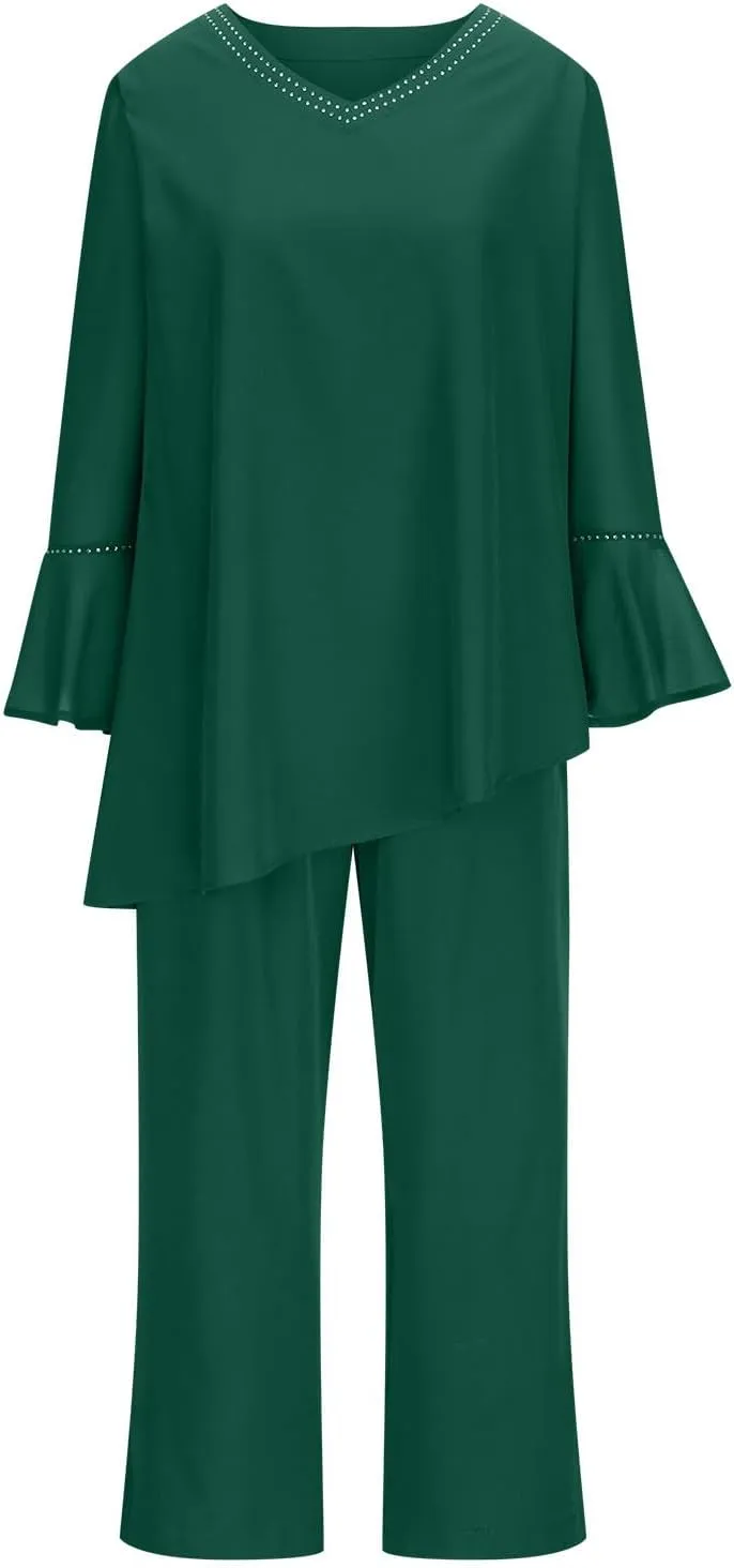HGps8w Women's Elegant Chiffon Pantsuits 2 Pieces Mother of Bride Outfits Irregular Hem V Neck Blouses Wedding Guest Suits