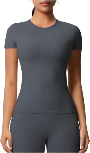 HGps8w Women's Short Sleeve Workout Sports Tops Basic Crewneck Casual 2025 Summer Quick Dry Athletic Yoga Shirts