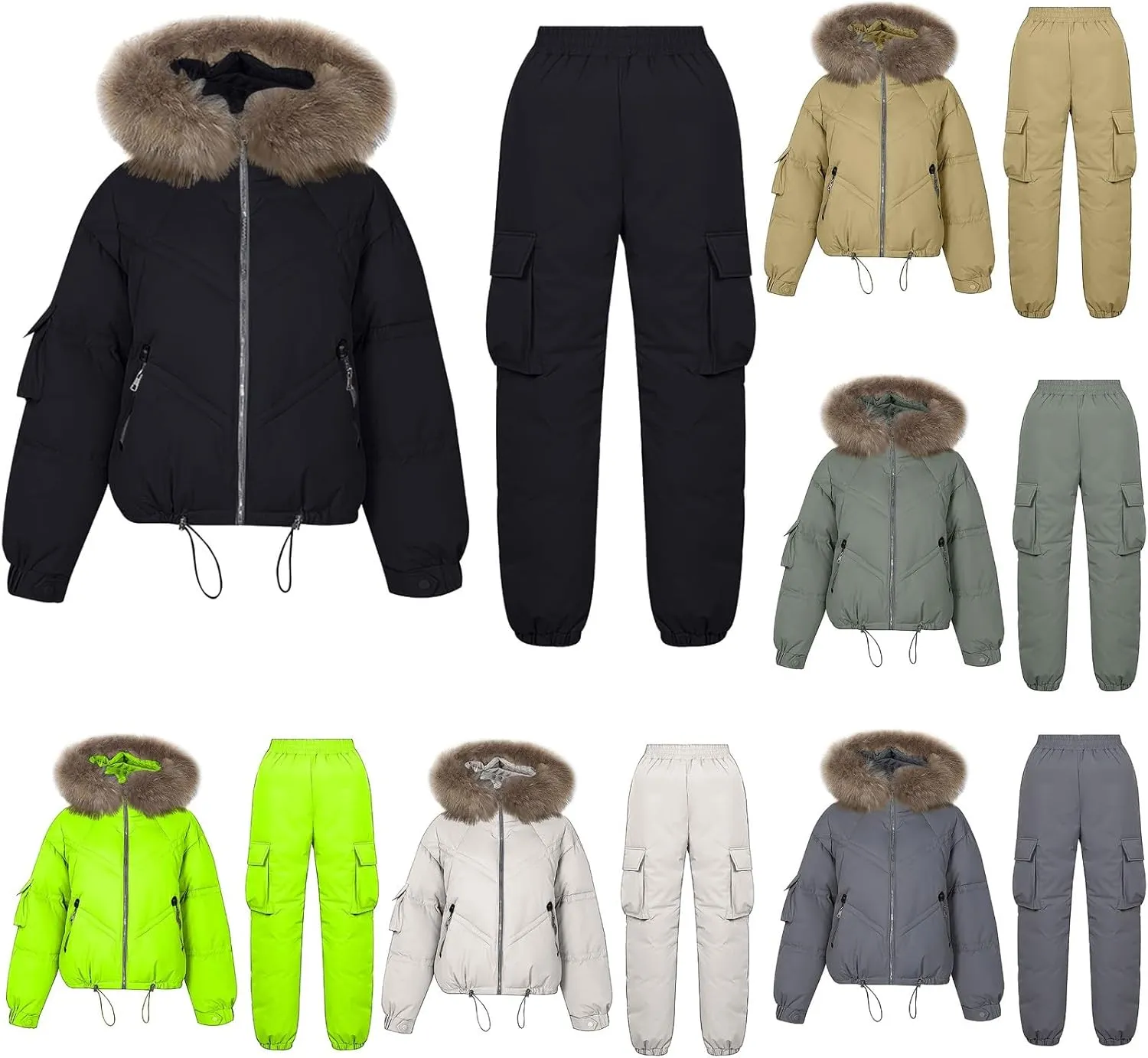 HGps8w Women's Ski Snow Suits, Faux Fur Hooded Winter Coat Puffer Jacket Parka & Bib Down Pants Jumpsuit Thick Warm Snowsuit