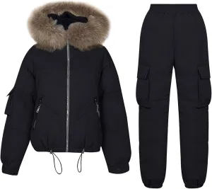 HGps8w Women's Ski Snow Suits, Faux Fur Hooded Winter Coat Puffer Jacket Parka & Bib Down Pants Jumpsuit Thick Warm Snowsuit