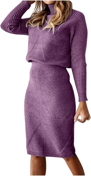 hlysgo Women's 2 Piece Sweater Set Casual Rib Knit Long Sleeve Turtleneck Sweater Tops and Midi Bodycon Skirts Lounge Set