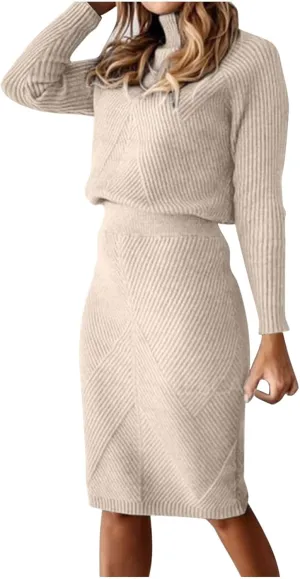 hlysgo Women's 2 Piece Sweater Set Casual Rib Knit Long Sleeve Turtleneck Sweater Tops and Midi Bodycon Skirts Lounge Set