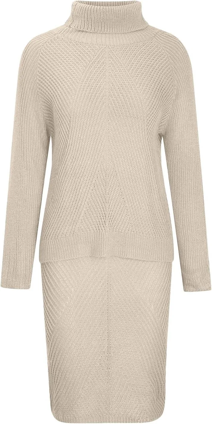 hlysgo Women's 2 Piece Sweater Set Casual Rib Knit Long Sleeve Turtleneck Sweater Tops and Midi Bodycon Skirts Lounge Set