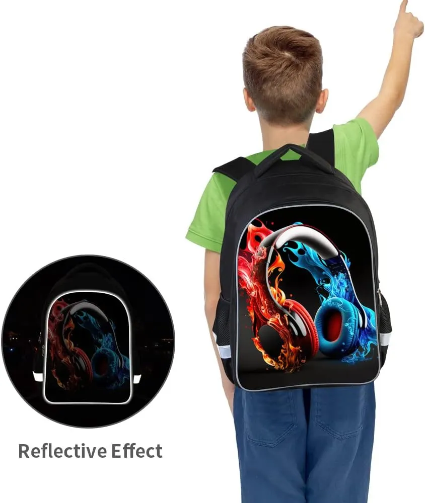 Kids Backpack, 3D Reflective Cartoon, 600D Polyester & Dual Zippers, 17" Bookbag with Ergonomic Design for boys & girls age 6-18, Headphones Space Style for school Children Kids