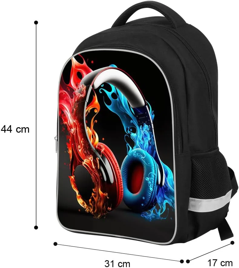 Kids Backpack, 3D Reflective Cartoon, 600D Polyester & Dual Zippers, 17" Bookbag with Ergonomic Design for boys & girls age 6-18, Headphones Space Style for school Children Kids