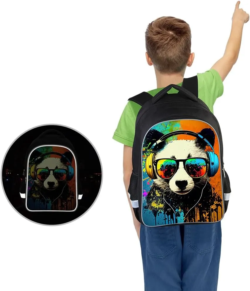 Kids Backpack, 3D Reflective Cartoon, 600D Polyester & Dual Zippers, 17" Bookbag with Ergonomic Design for boys & girls age 6-18, Panda Space Style for school Children Kids