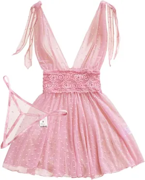 Lilosy Sexy Polka Dots Mesh Sheer Lace Babydoll Chemise Lingerie Set Floral Lace Sleep Wear
