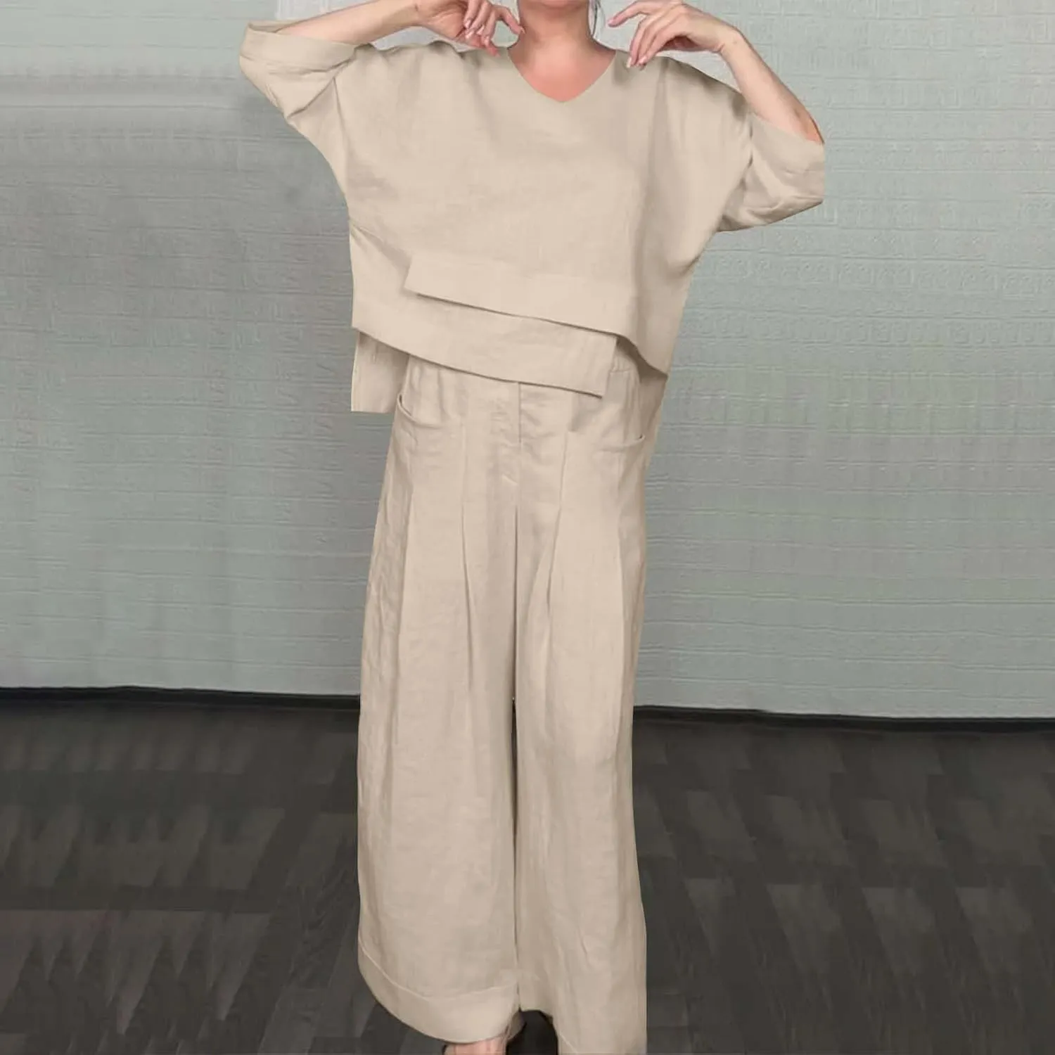Linen Set for Women 2 Piece Outfits Casual Pants Sets Matching 3/4 Sleeve T Shirts Lounge Pant with Pockets