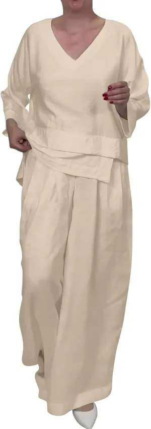 Linen Set for Women 2 Piece Outfits Casual Pants Sets Matching 3/4 Sleeve T Shirts Lounge Pant with Pockets