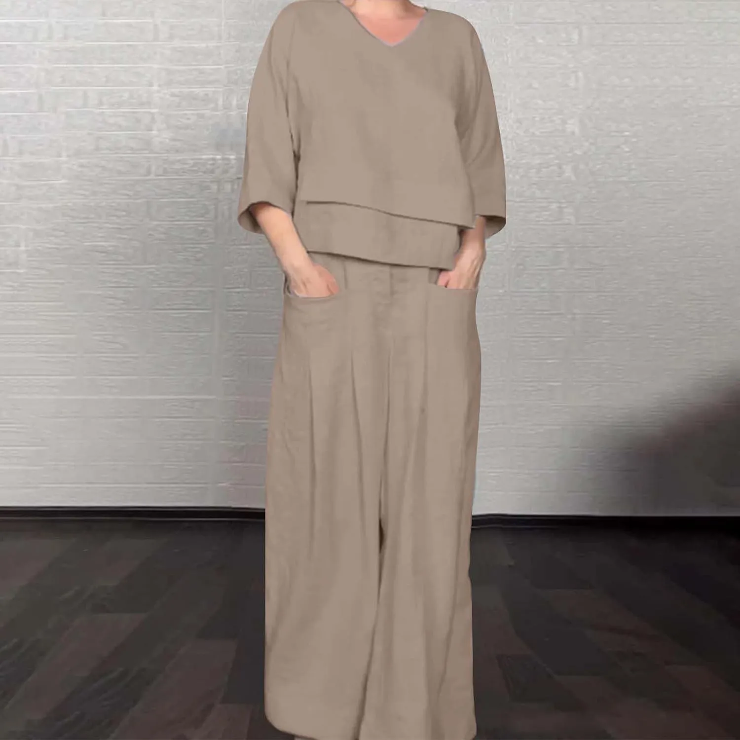 Linen Set for Women 2 Piece Outfits Casual Pants Sets Matching 3/4 Sleeve T Shirts Lounge Pant with Pockets