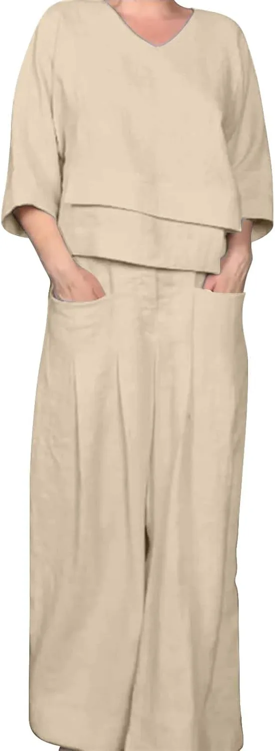 Linen Set for Women 2 Piece Outfits Casual Pants Sets Matching 3/4 Sleeve T Shirts Lounge Pant with Pockets