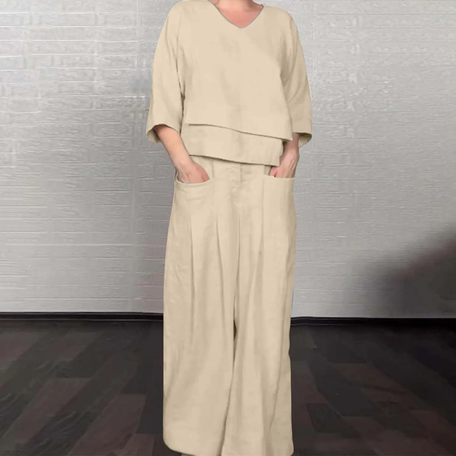 Linen Set for Women 2 Piece Outfits Casual Pants Sets Matching 3/4 Sleeve T Shirts Lounge Pant with Pockets