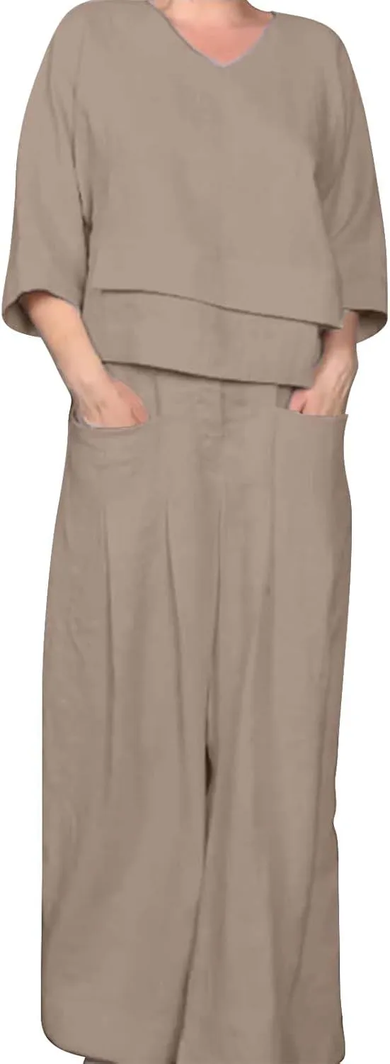 Linen Set for Women 2 Piece Outfits Casual Pants Sets Matching 3/4 Sleeve T Shirts Lounge Pant with Pockets