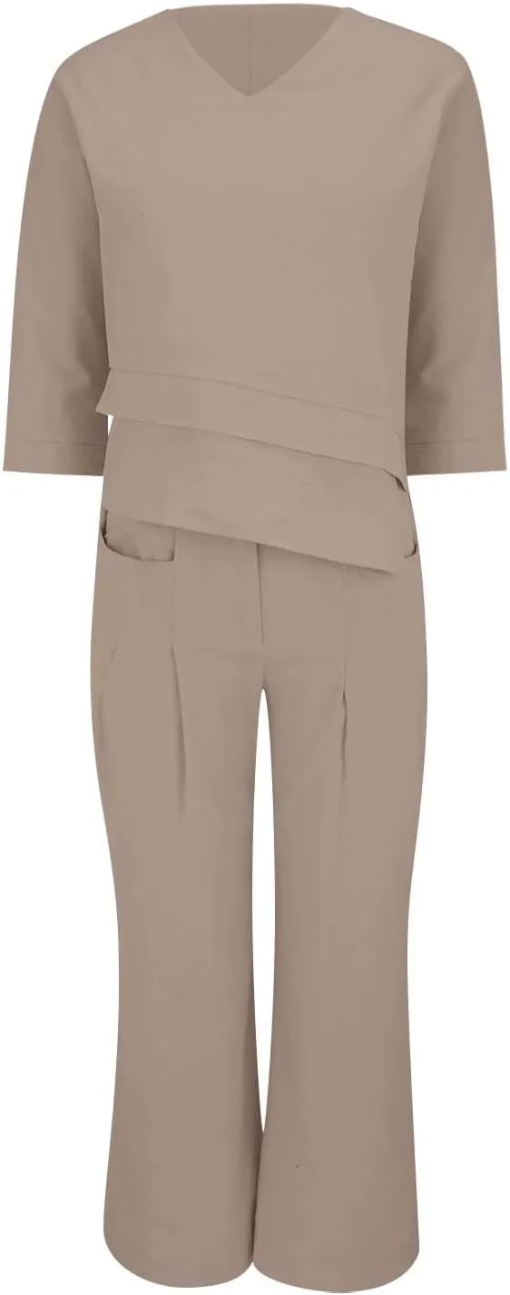 Linen Set for Women 2 Piece Outfits Casual Pants Sets Matching 3/4 Sleeve T Shirts Lounge Pant with Pockets