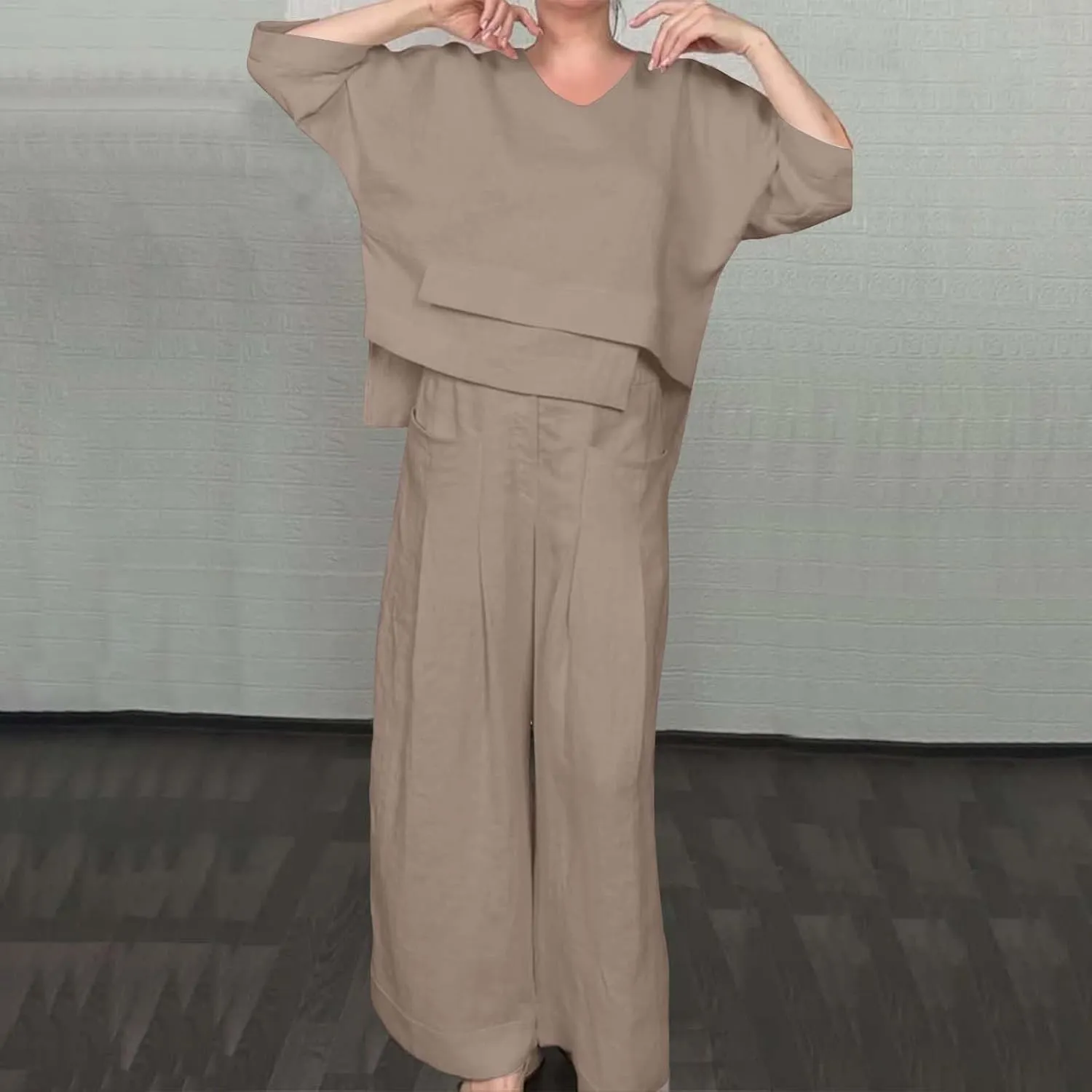 Linen Set for Women 2 Piece Outfits Casual Pants Sets Matching 3/4 Sleeve T Shirts Lounge Pant with Pockets