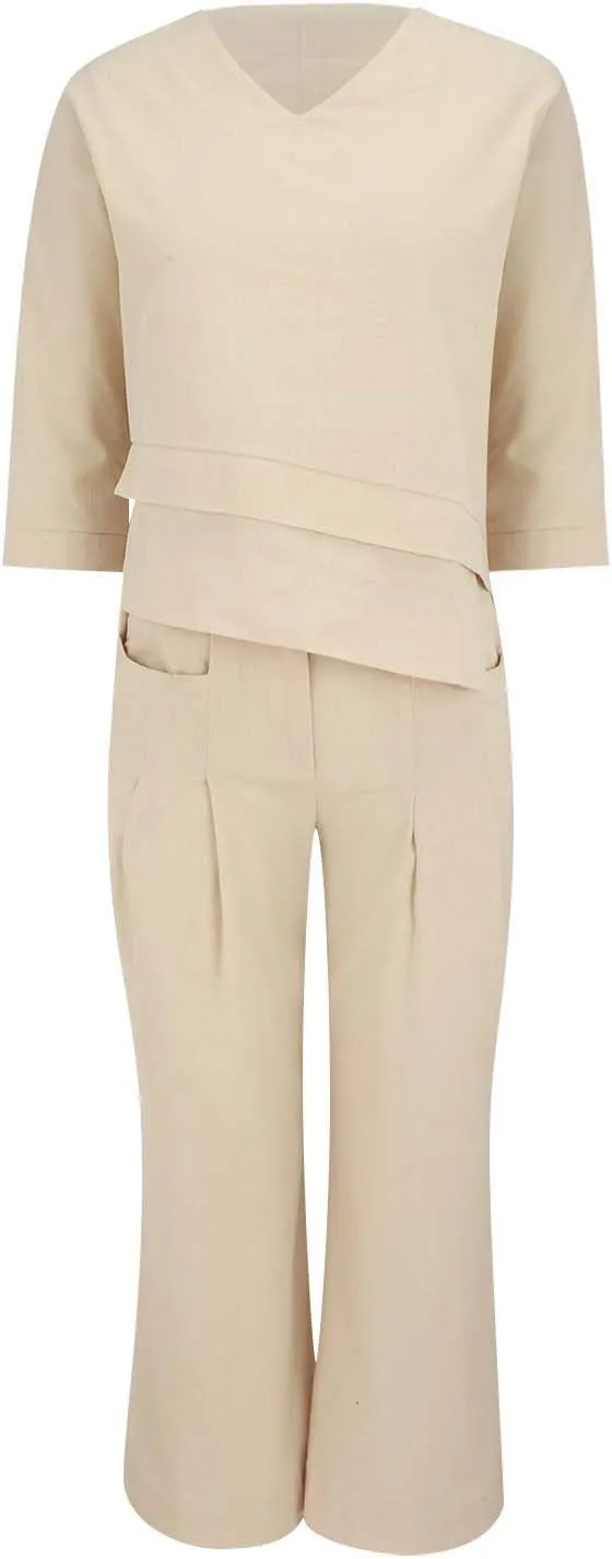 Linen Set for Women 2 Piece Outfits Casual Pants Sets Matching 3/4 Sleeve T Shirts Lounge Pant with Pockets
