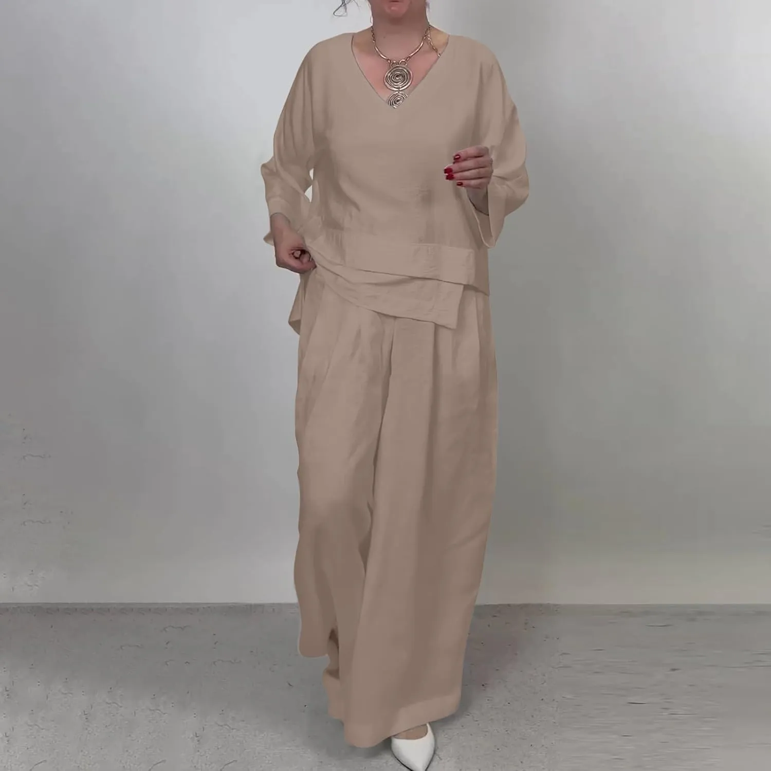 Linen Set for Women 2 Piece Outfits Casual Pants Sets Matching 3/4 Sleeve T Shirts Lounge Pant with Pockets