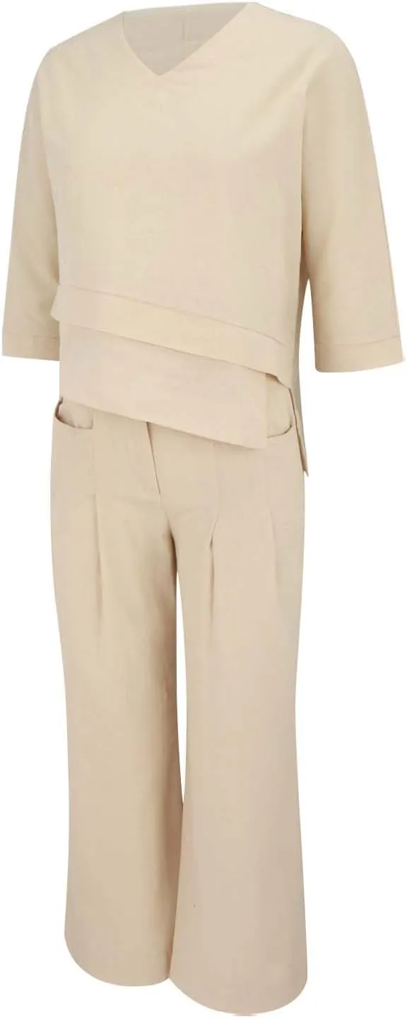 Linen Set for Women 2 Piece Outfits Casual Pants Sets Matching 3/4 Sleeve T Shirts Lounge Pant with Pockets