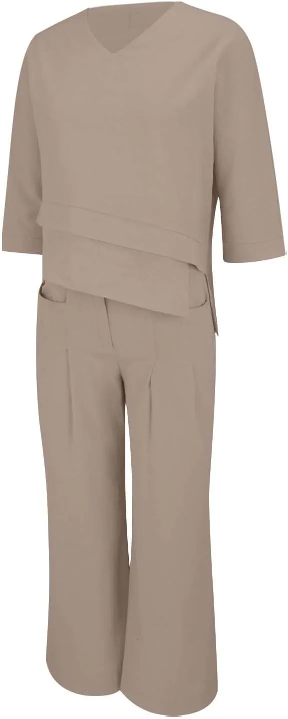 Linen Set for Women 2 Piece Outfits Casual Pants Sets Matching 3/4 Sleeve T Shirts Lounge Pant with Pockets