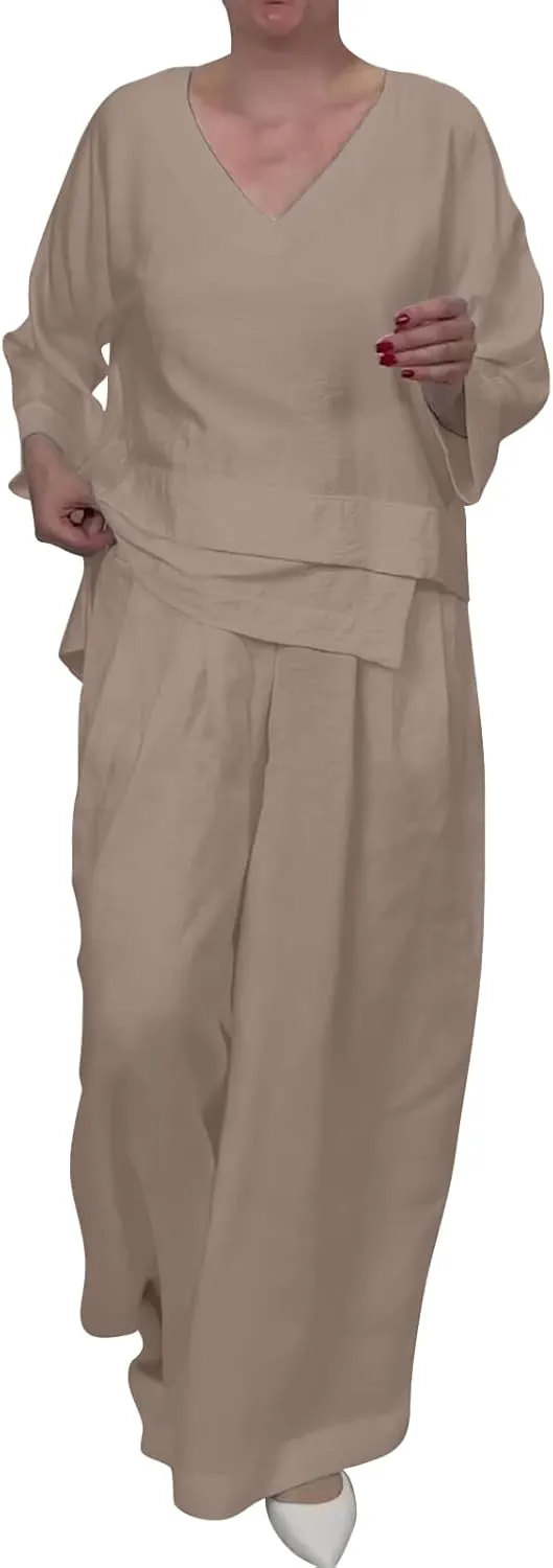 Linen Set for Women 2 Piece Outfits Casual Pants Sets Matching 3/4 Sleeve T Shirts Lounge Pant with Pockets