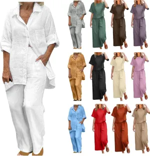 Linen Set for Women Summer 2 Piece Outfits Short Sleeve Shirt and Pants Set Wide Leg Lounge Set with Pockets