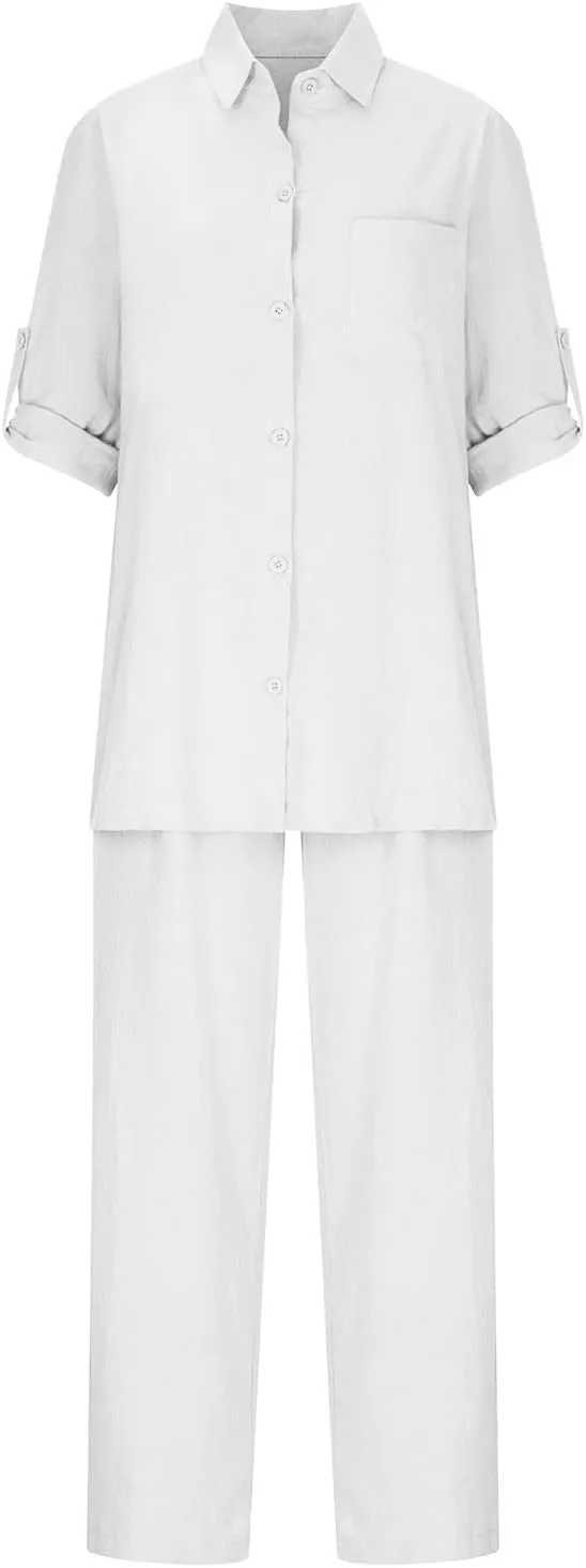 Linen Set for Women Summer 2 Piece Outfits Short Sleeve Shirt and Pants Set Wide Leg Lounge Set with Pockets