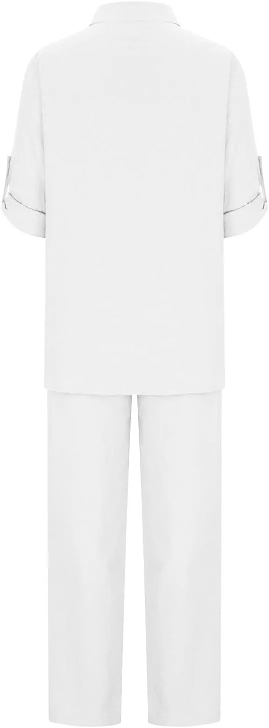 Linen Set for Women Summer 2 Piece Outfits Short Sleeve Shirt and Pants Set Wide Leg Lounge Set with Pockets