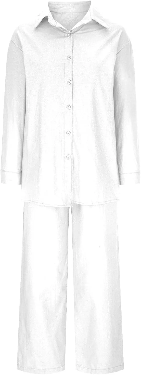 Linen Sets for Women 2 Piece Long Sleeve Shirts & Wide Leg Trousers Loose Fit Dressy Cotton Linen Sets Outfits
