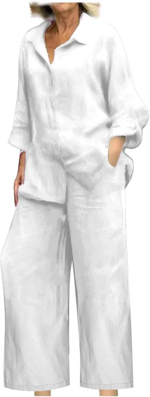 Linen Sets for Women 2 Piece Long Sleeve Shirts & Wide Leg Trousers Loose Fit Dressy Cotton Linen Sets Outfits