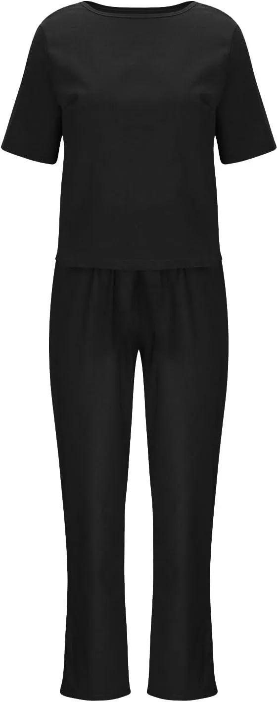 Linen Sets for Women 2 Piece Summer Cotton Casual Matching Set Short Sleeve T Shirts and Capri Pants with Pockets