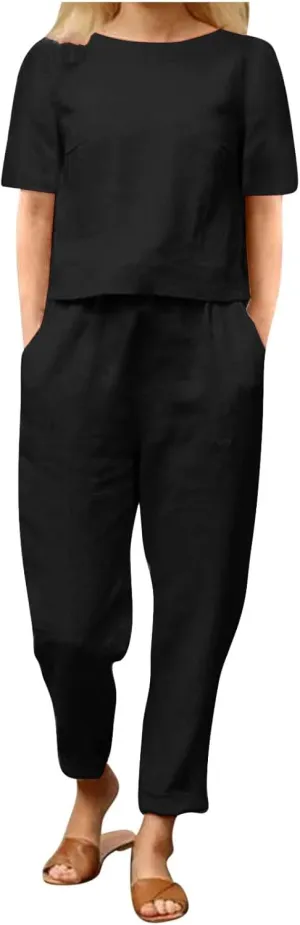 Linen Sets for Women 2 Piece Summer Cotton Casual Matching Set Short Sleeve T Shirts and Capri Pants with Pockets