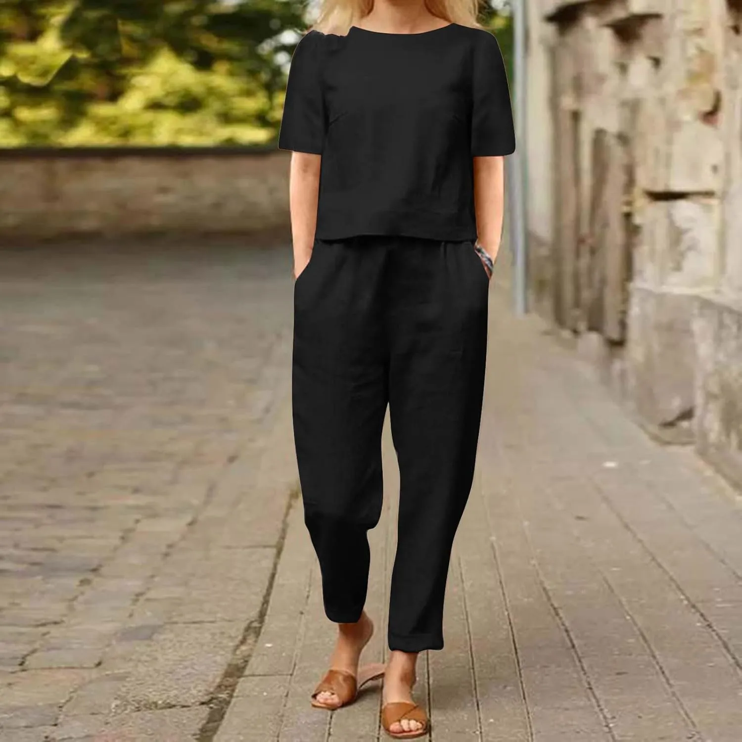 Linen Sets for Women 2 Piece Summer Cotton Casual Matching Set Short Sleeve T Shirts and Capri Pants with Pockets