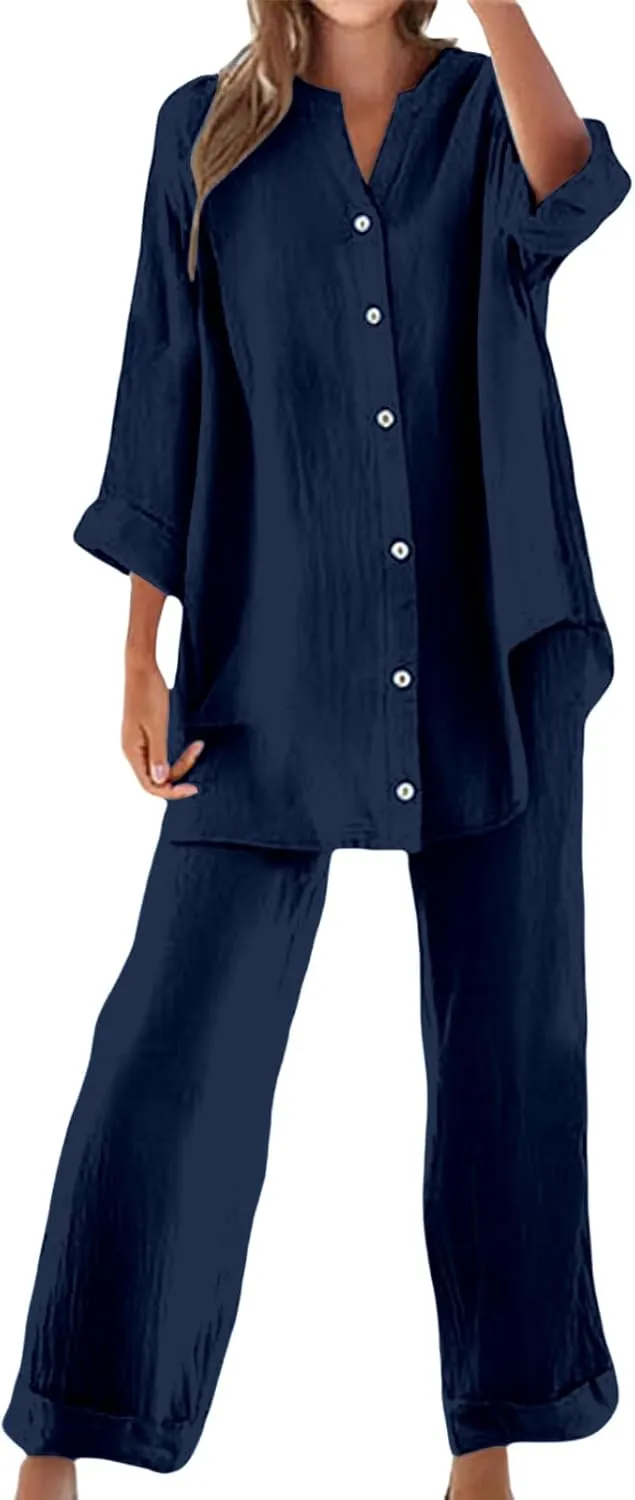Linen Sets for Women Summer Lightweight Lapel Button Down Long Sleeve Shirts Wide Leg Pant 2 Piece Outfits Tracksuit