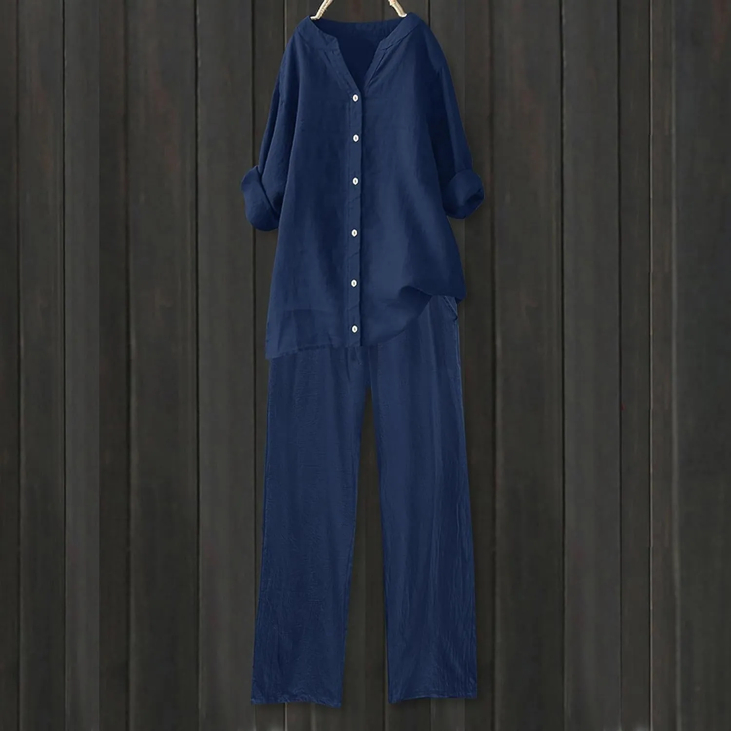 Linen Sets for Women Summer Lightweight Lapel Button Down Long Sleeve Shirts Wide Leg Pant 2 Piece Outfits Tracksuit