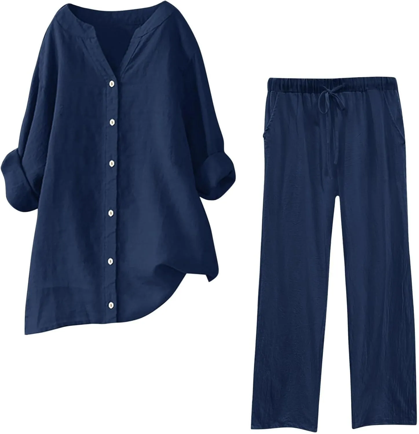 Linen Sets for Women Summer Lightweight Lapel Button Down Long Sleeve Shirts Wide Leg Pant 2 Piece Outfits Tracksuit